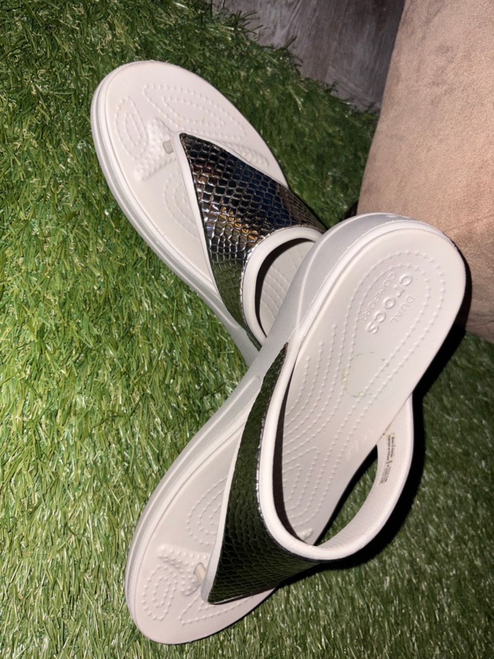CROCS Women’s White Sandals with Black Snakeskin-Textured Strap
